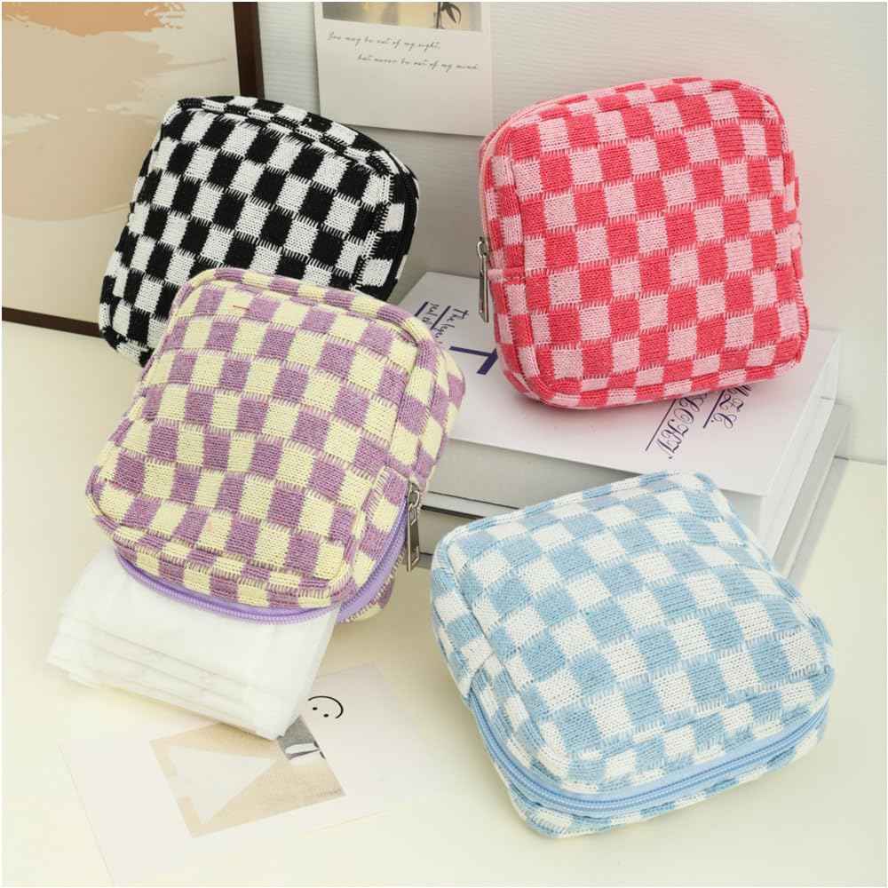 2 Pieces Makeup Bag Small, Mini Checkered Make Up Bag Travel Cute Cosmetic Bags for Women Preppy Makeup Pouch for Purse Zipper Makeup Organizer Case Period Bag Sanitary Napkin Storage Bag for Girls