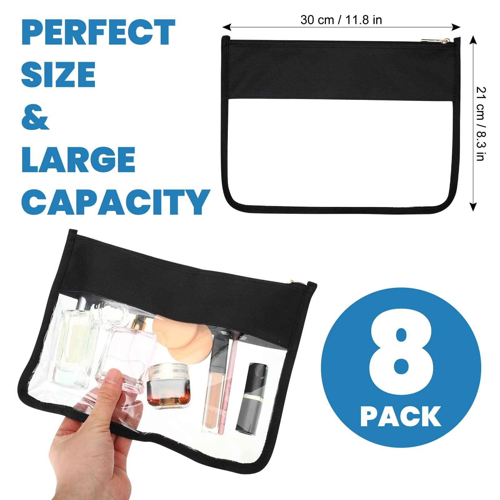 Teling 8 Pieces Clear Makeup Bags DIY Chenille Letter Pouch Clear Zipper Pouches Travel PVC Oxford Cloth Cosmetic Portable Waterproof Makeup Storage Bag Toiletry Snack Organizer for Women Girls, Black
