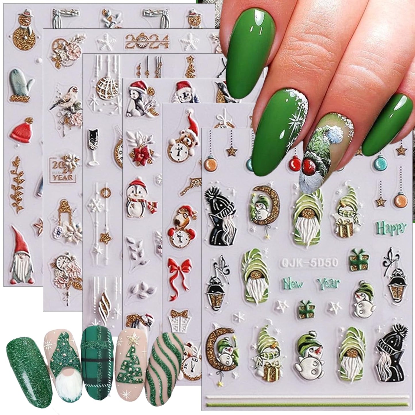 Christmas Nail Art Stickers Decals 5D Embossed Self-Adhesive Nail Art Decals Cute Santa Gnomes Nail Stickers Snowman Xmas Tree Bell Nail Decals for Women New Year Holiday Manicure Decoration 6 Sheets