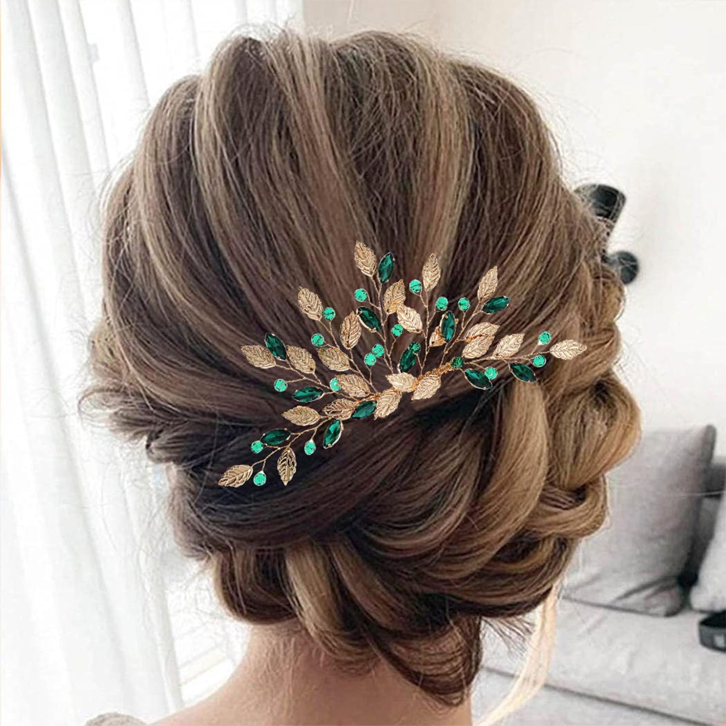 Bridal Wedding Handmade Green Rhinestone Sparkly Hair Pins, Headpiece Clips and Side Combs for Women and Girls