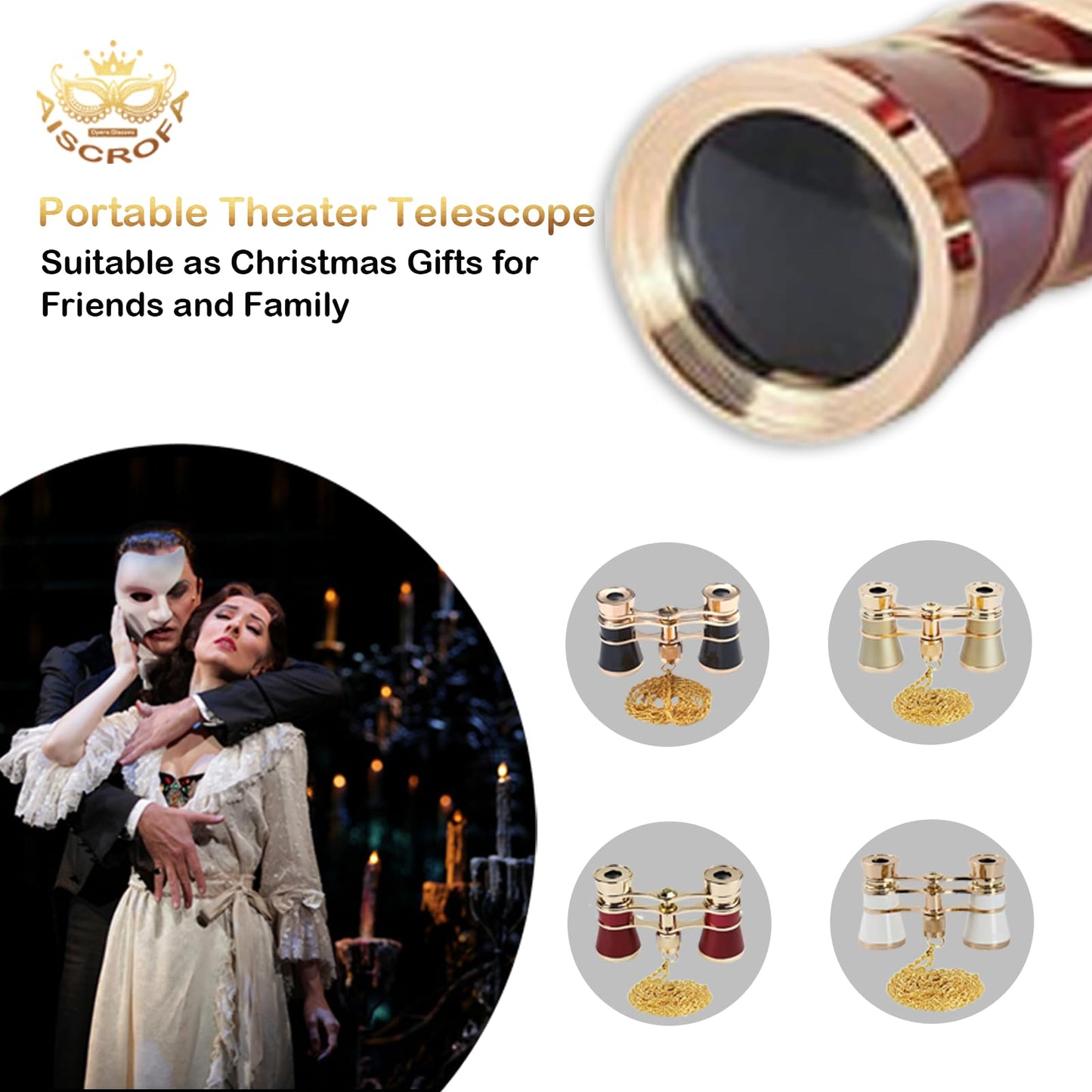 AiScrofa Opera Glasses Binoculars 3X25,Mini Binocular Compact Lightweight,with Chain for Adults Kids Women in Musical Concert (Red with Chain)