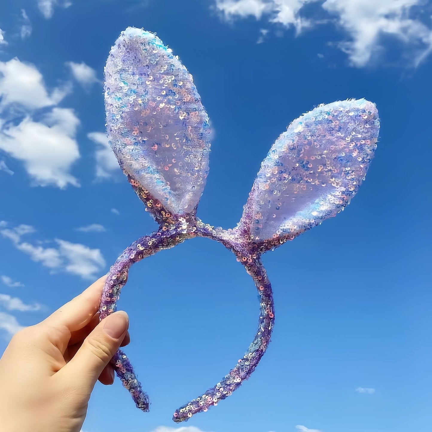 HIFANMM Easter Headbands Bunny Ears Hair Bands for Women Girls Kids, Cute Blue Sequin Rabbit Ear Hair Accessories Easter Day Decoration Headdress Party Supplies Gift Hair Hoop 1 Pcs