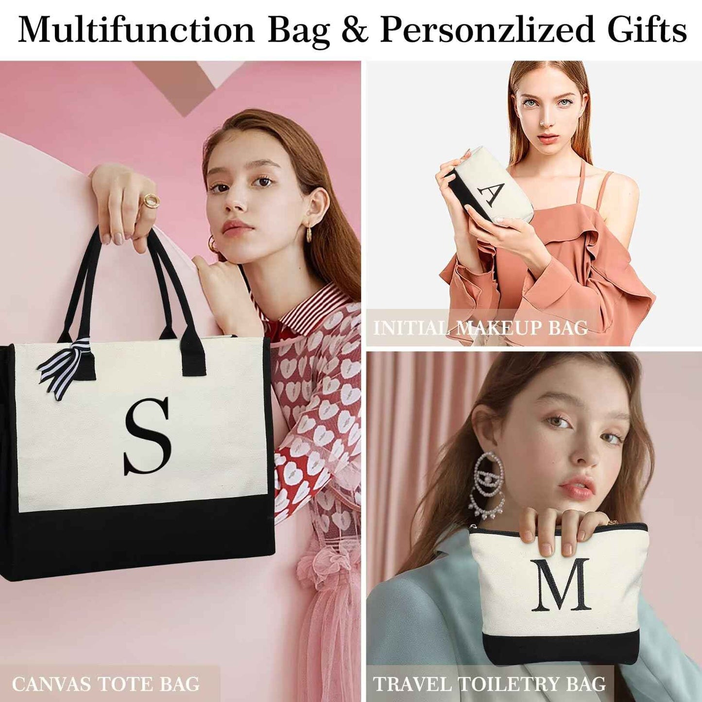 YOOLIFE Teacher Gifts for Women, Teacher Tote Bag, Initial Canvas Tote Bag & Makeup Bag, Letter T