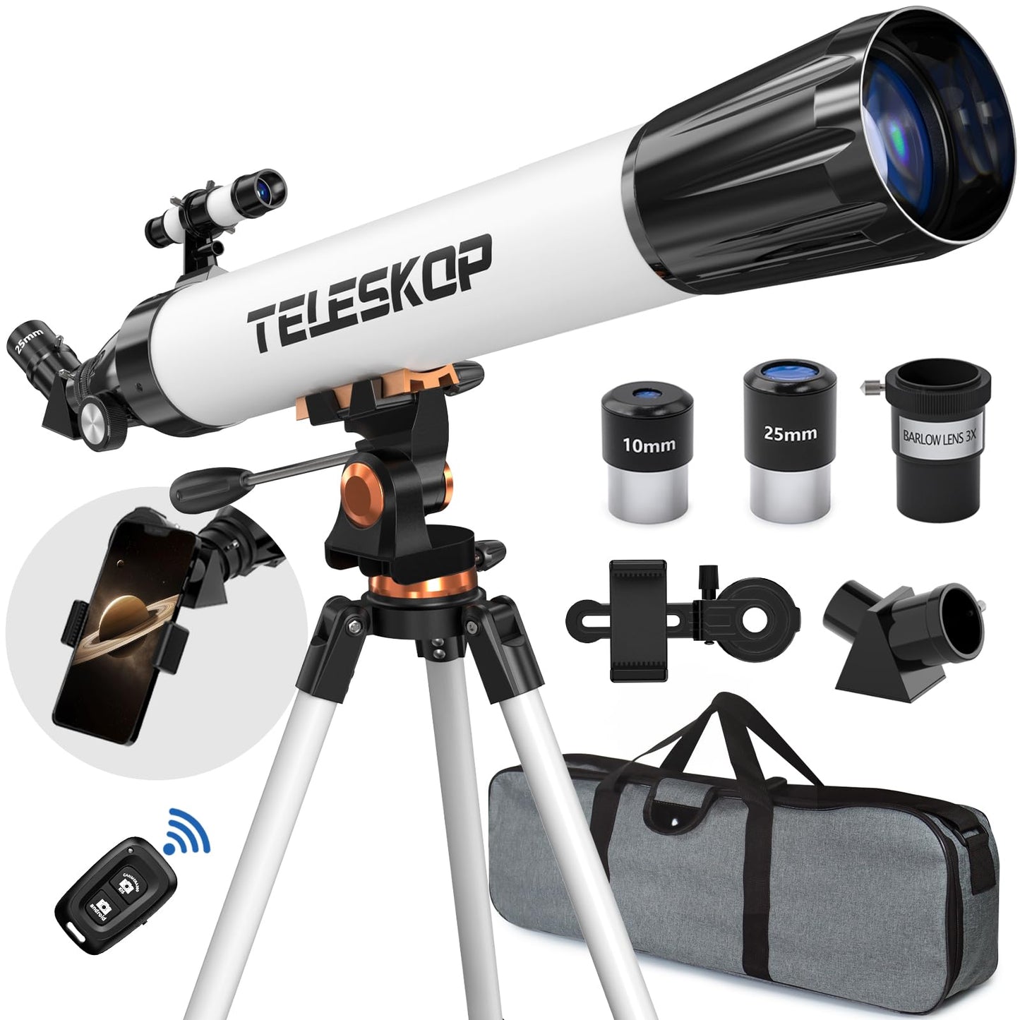 Telescope 90mm Aperture 800mm Telescope for Adults with High Powered, Refractor Telescopes for Kids & Beginners, Multi-Coated High Transmission AZ Mount Portable Telescope Includes Carry Bag