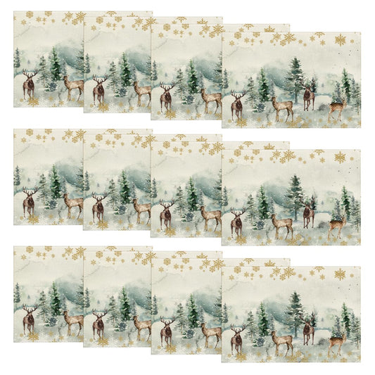 Artoid Mode Watercolor Deer Trees Snowflakes Christmas Placemats Set of 12, 12x18 Inch Seasonal Winter Table Mats for Party Kitchen Dining Decoration