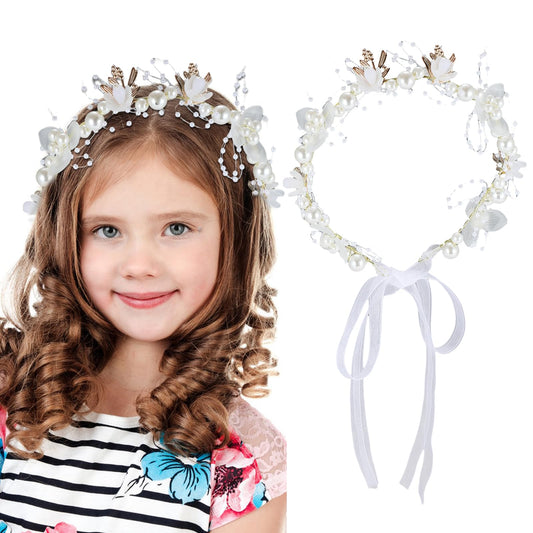 Paderison White Princess Flower Headpiece Wedding Flower HeadbandPearl Floral Bridal Hair Accessories Women Teens 14.2 Inches Flower Crown Hair Band Toddler Birthday Party Communion