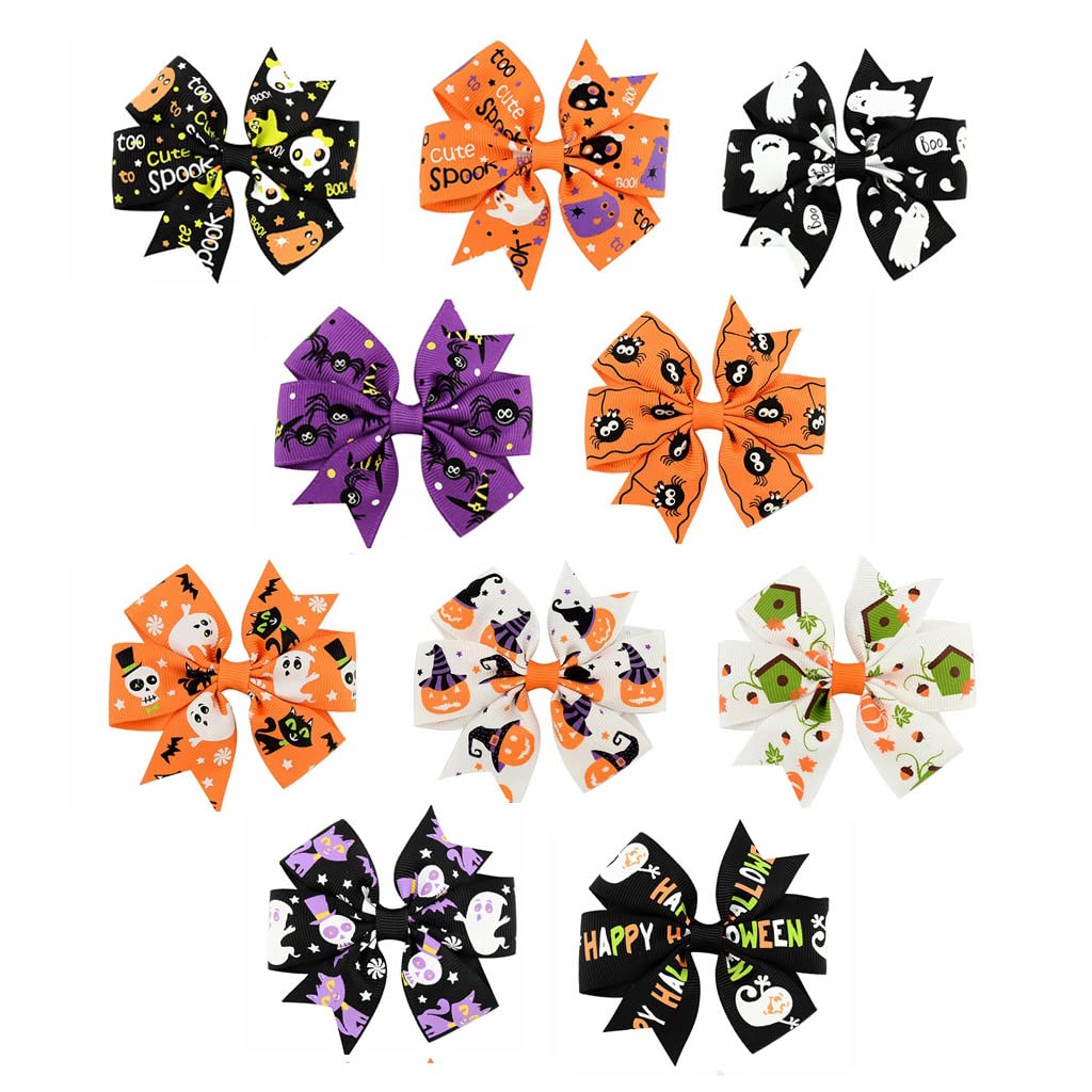 10 Pcs Halloween Hair Clips 3" Bow Barrettes Hair Pins Pumpkin Spiders Ghost Hairband Cute Accessories for Women Kid Party Supplies (10-Pack)