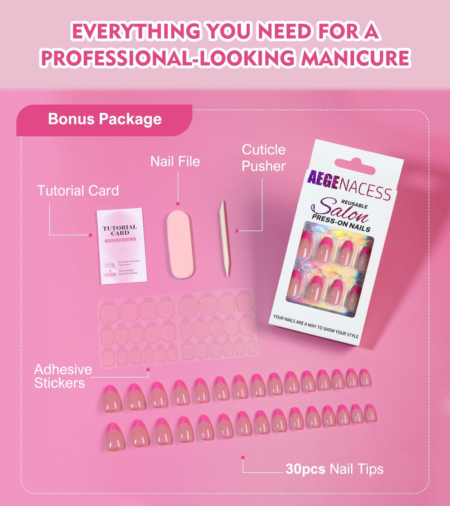 Aegenacess Press On Nails Short - Press on Nails Almond Short Stick On Nails in 15 Sizes, 30Pcs Fake Nail Kit for Women