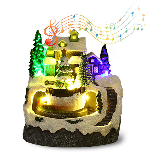 Christmas Village House Made of Resin, Christmas Snow House Electric Musical Light Up House with Spinning Train & 8 Music & LED Light for Christmas Decorations Indoor (Christmas Tree)