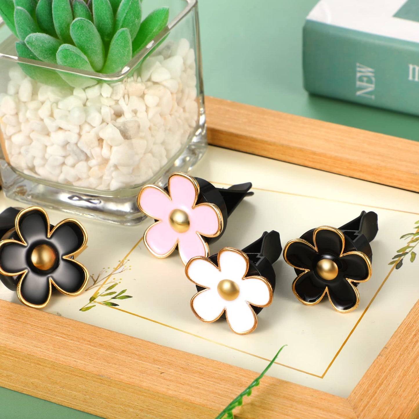 Frienda 6 Pcs Daisy Flower Air Vent Clip Air Freshener Outlet Clip Car Air Conditioning Clip Charm Car Inter Decor(Black, Pink, White, 3 cm, 3.3 cm)