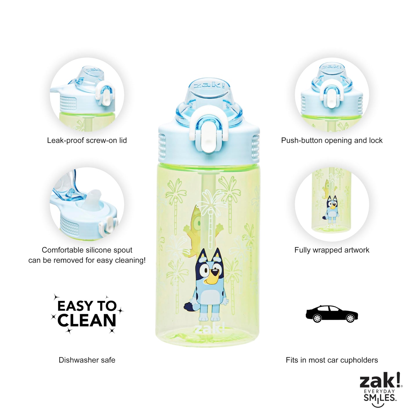 Zak Designs Sage Bluey Kids Water Bottle For School or Travel, 16oz Durable Plastic Water Bottle With Straw, Handle, and Leak-Proof, Pop-Up Spout Cover (Bluey & Bingo)