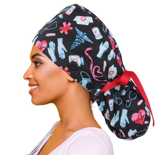 Purefitinsoles Scrub Caps for Women Surgical Nurse Hat with Button Bouffant Ponytail Holder Hair Nets Single or Satin-Lined