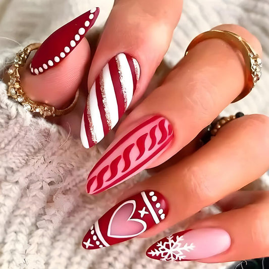 24PCS Christmas Press on Nails Medium Length Fake Nails Red Acrylic Nails with Snowflake Love Heart White Stripes Designs False Nails French Tip Glue on Nails Artificial Nails for Women and Girls