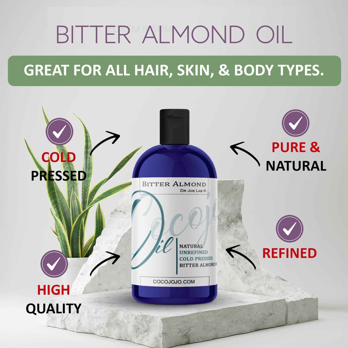 cocojojo Pure Bitter Almond 16 oz 1 pint Oil Unrefined Cold Pressed Extra Virgin All Natural Perfect for Hair Face Skin Nails