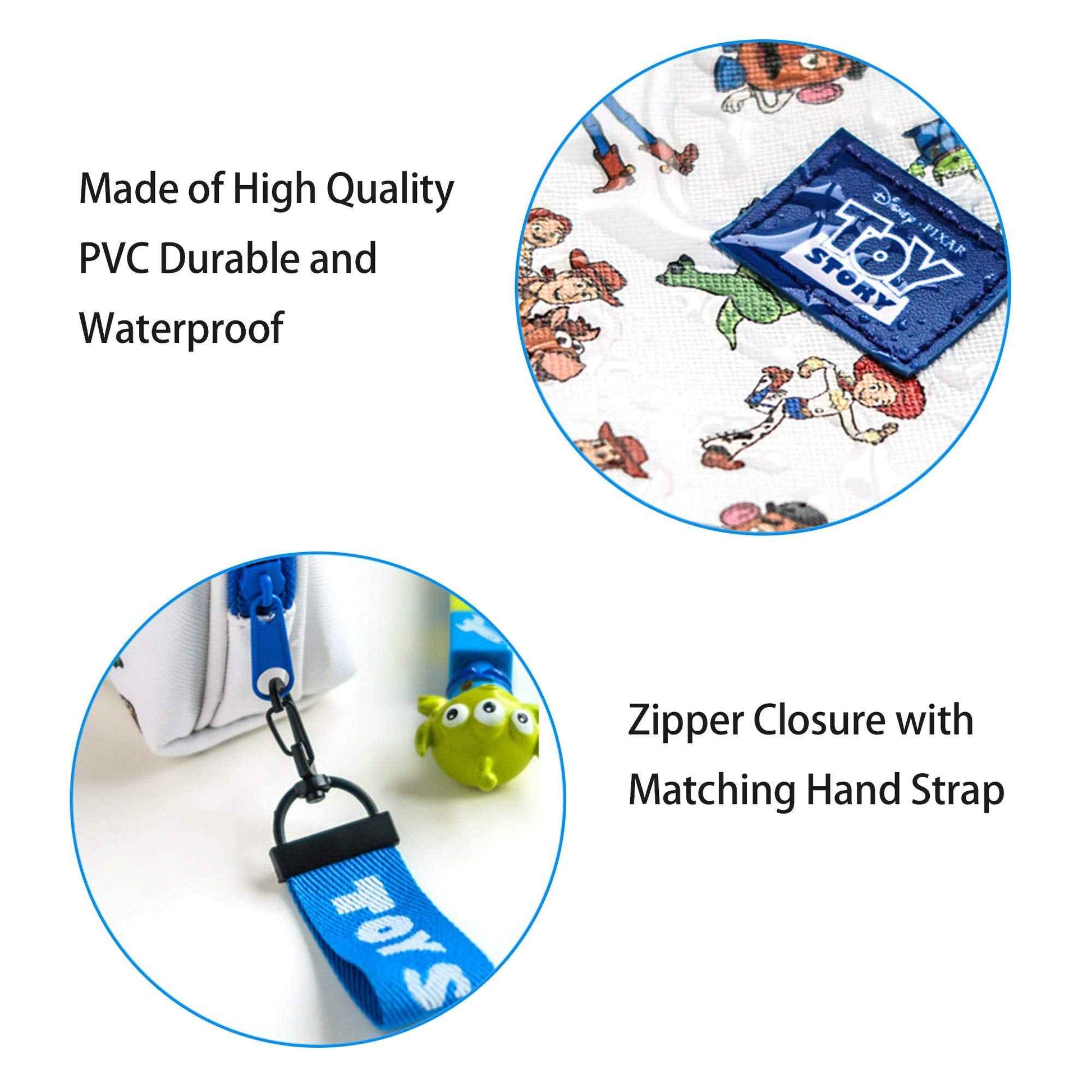 Finex Cartoon Story PVC Waterproof Makeup Organizer Bag Zipper Closure with Top Handle and Removable Matching Hand Strap Oval Base Case