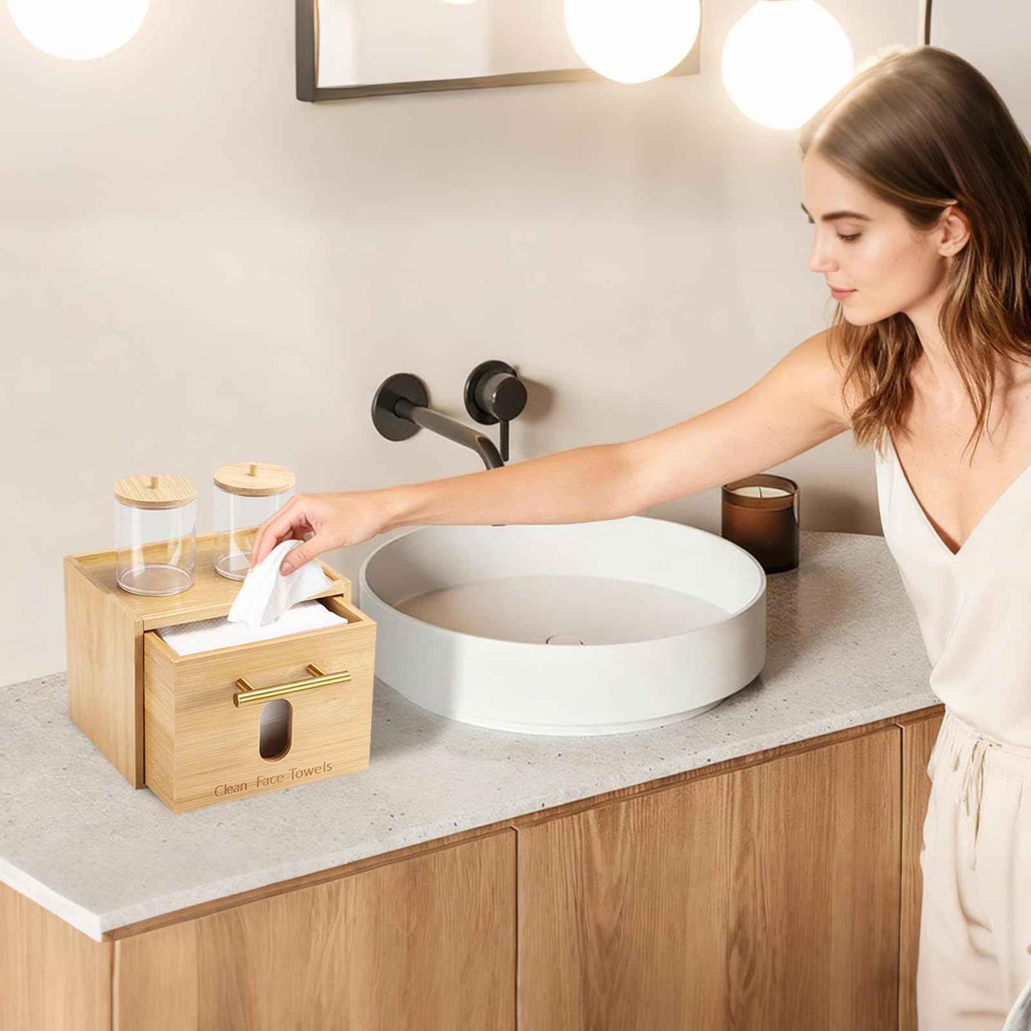 Disposable Face Towel Holder Bamboo Storage Box with 60 XL Towels, Cotton Balls Holders, Facial Towels Container Box with Drawer, Towel XL Organizer for Bathroom, Makeup Remover Dry Wipes Washcloths