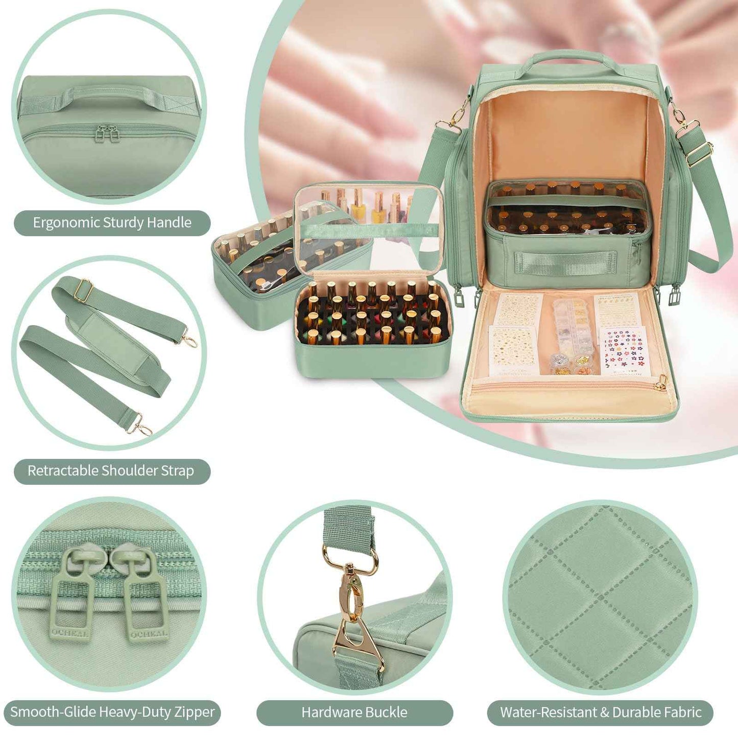 OCHEAL Nail Polish Organizer, Holds Nail Lamp and 75+ Bottles, Nail Organizers and Storage Holder Case with 3 Individual Bags Fit Manicure Tools Manicurist Travel Carrying kit -Green