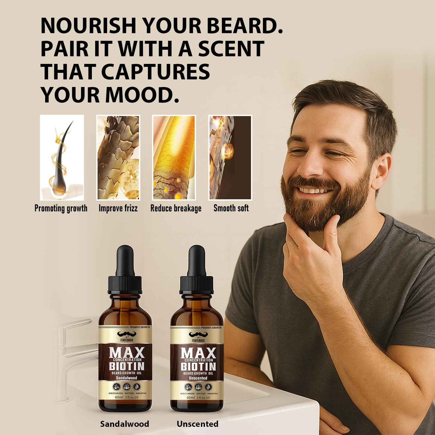 Biotin Beard Oil for Men Set – 2 Pack Unscented & Sandalwood Beard Oil Blended with Castor & Grape Seed Oil for Thicker, Softer, Moisturizing Beard – Gift for Father, Husband, Boyfriend – 4 oz