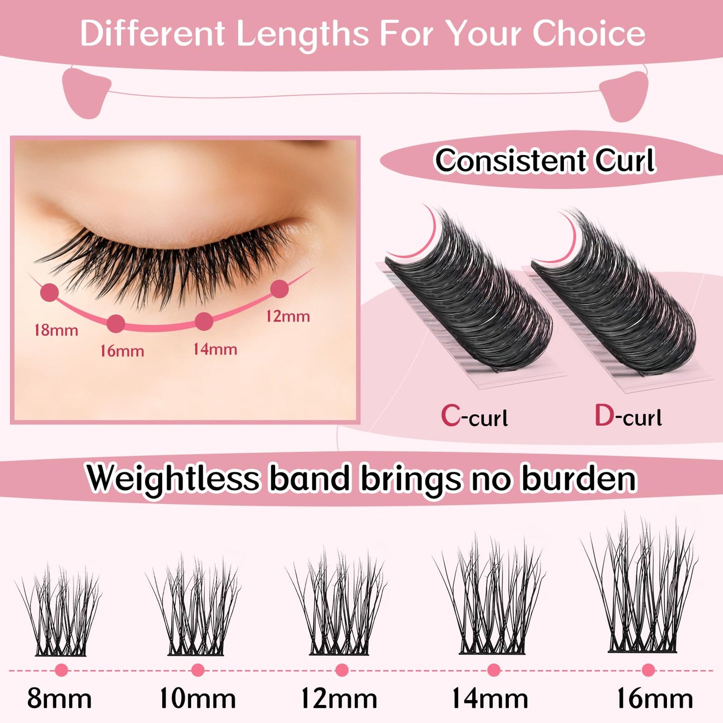 72 Pcs Individual Cluster Lashes 3D Effect DIY Lash Extension 8-16mm Eyelash Clusters Volume Wispy Lashes Super Thin Band Reusable Soft & Comfortable(3D Fluffy-Talented,D-8-16mix)