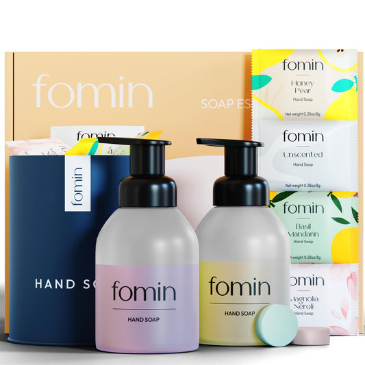 FOMIN Foaming Hand Soap Essential Kit - 16 Variety Pack of Foaming Hand Soap Refills + 2 Glass Dispenser + 1 Tin - Eco-Friendly Foaming Hand Soap Tablets for All Skin Types