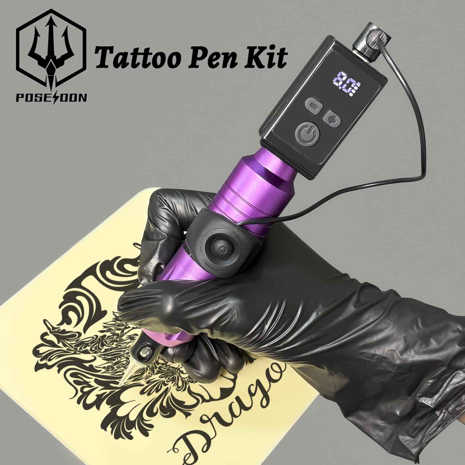 POSEIDON Tattoo Pen Set, Wireless Tattoo Gun Kit Tattoo Kit with 2Pcs Battery and 20Pcs Tattoo Cartridge Needles, Complete Tattoo Machine kit Tattoo Supplies for Beginners