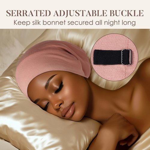 LULUSILK Mulberry Silk Bonnet for Sleeping Women, No More Frizzy Tangled Hair, Stay On All Night Silk Hair Wrap for Sleeping with Adjustable Strap, Silk Sleep Cap for Women and Men, Pink, Pack of 1