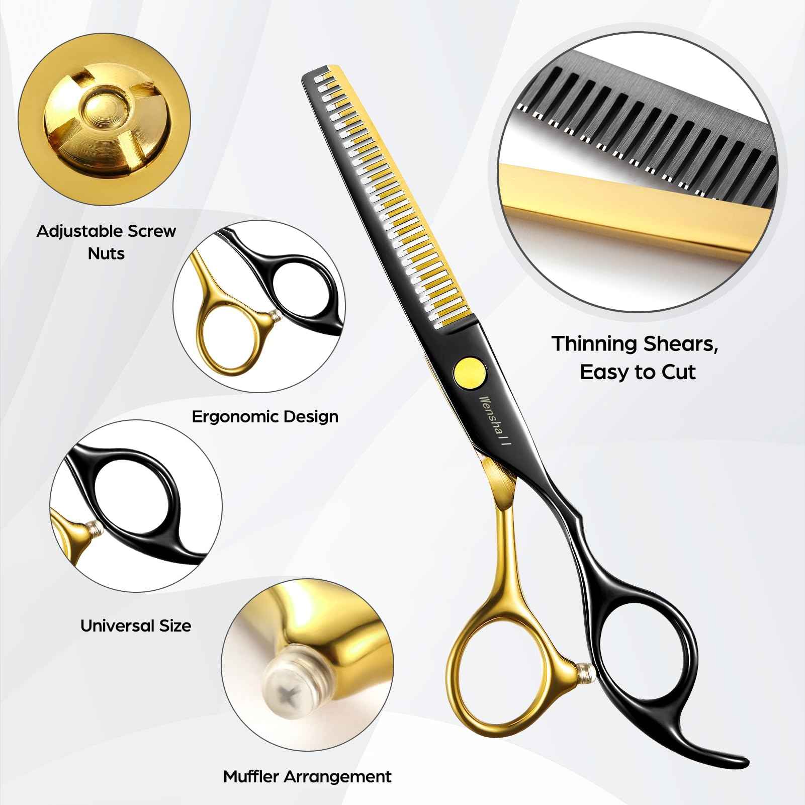 Wenshall Professional Black Gold Hair Scissors 6.89" Teeth Japanese Stainless Steel Multifunctional Salon Thinning Scissors Straight Shears Tools for Men Women Home Salon Barber