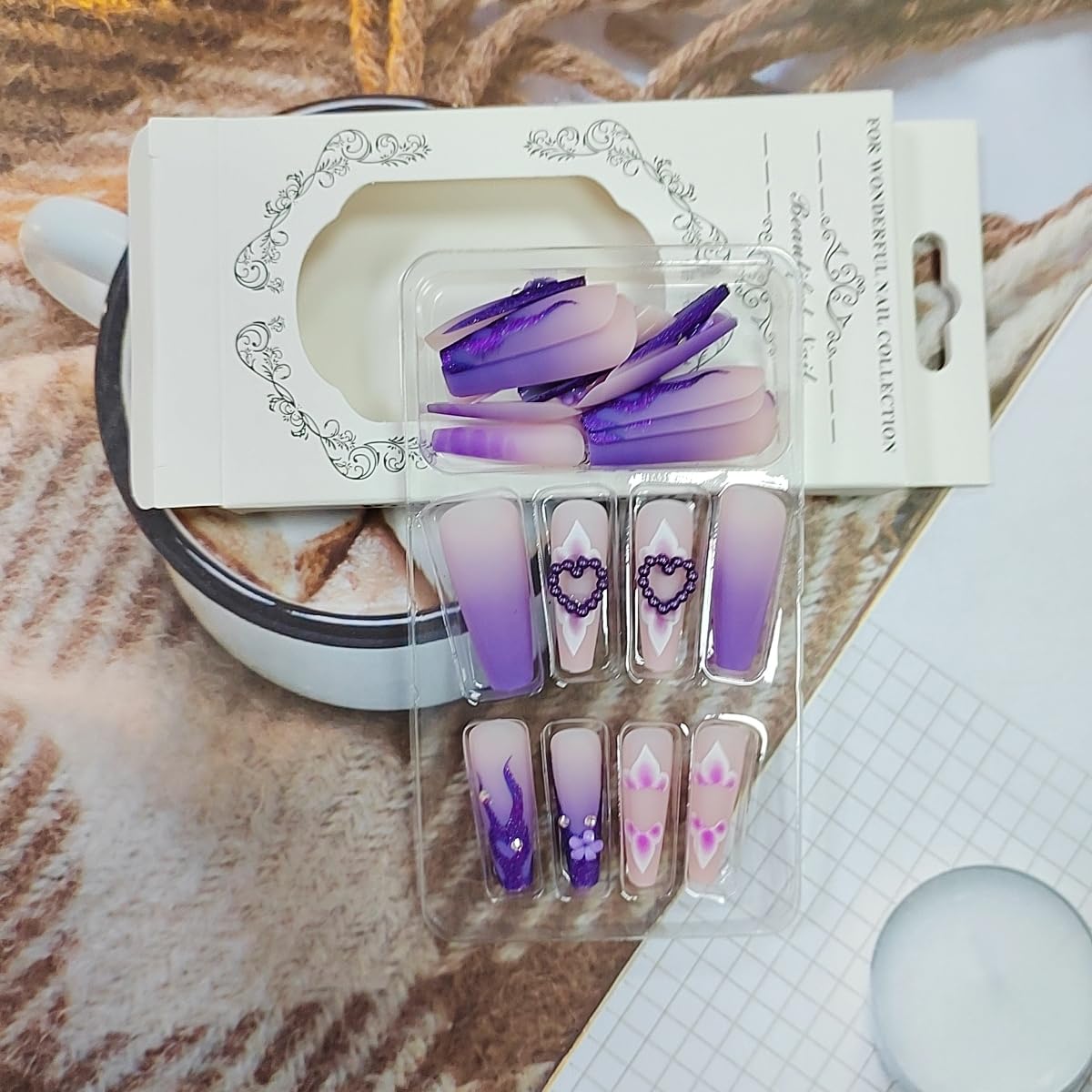 24Pcs CEWEWP Purple Press on Nails Long Coffin Fake Nails Flash Powder False Nails with Pearl Charm Nails Rhinestone Design Glossy Stick on Nails for Women