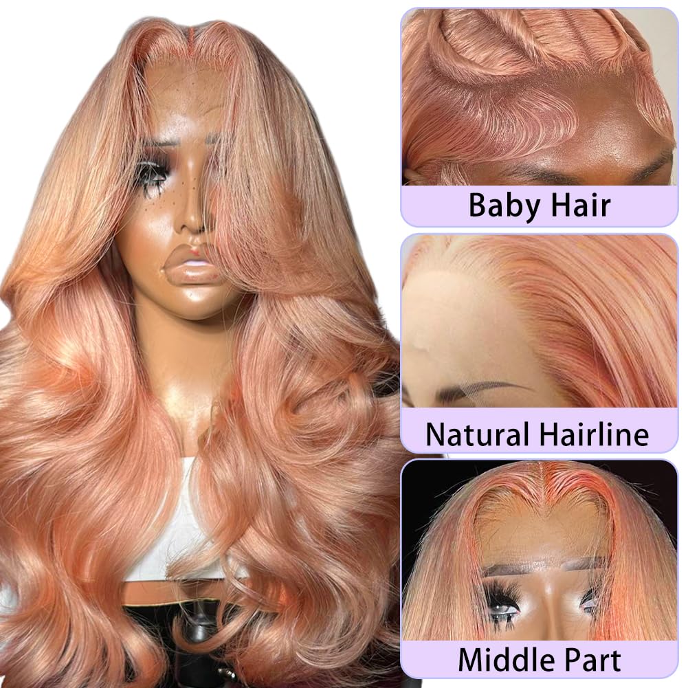 SFD Pink Blonde Lace Front Wig Human Hair 13x4 HD Lace Rose Gold Human Hair Wigs Pre Plucked Peachy Blonde Colored Wig Human Hair For Women 150% Density Body Wave Lace Front Wig 24 Inch