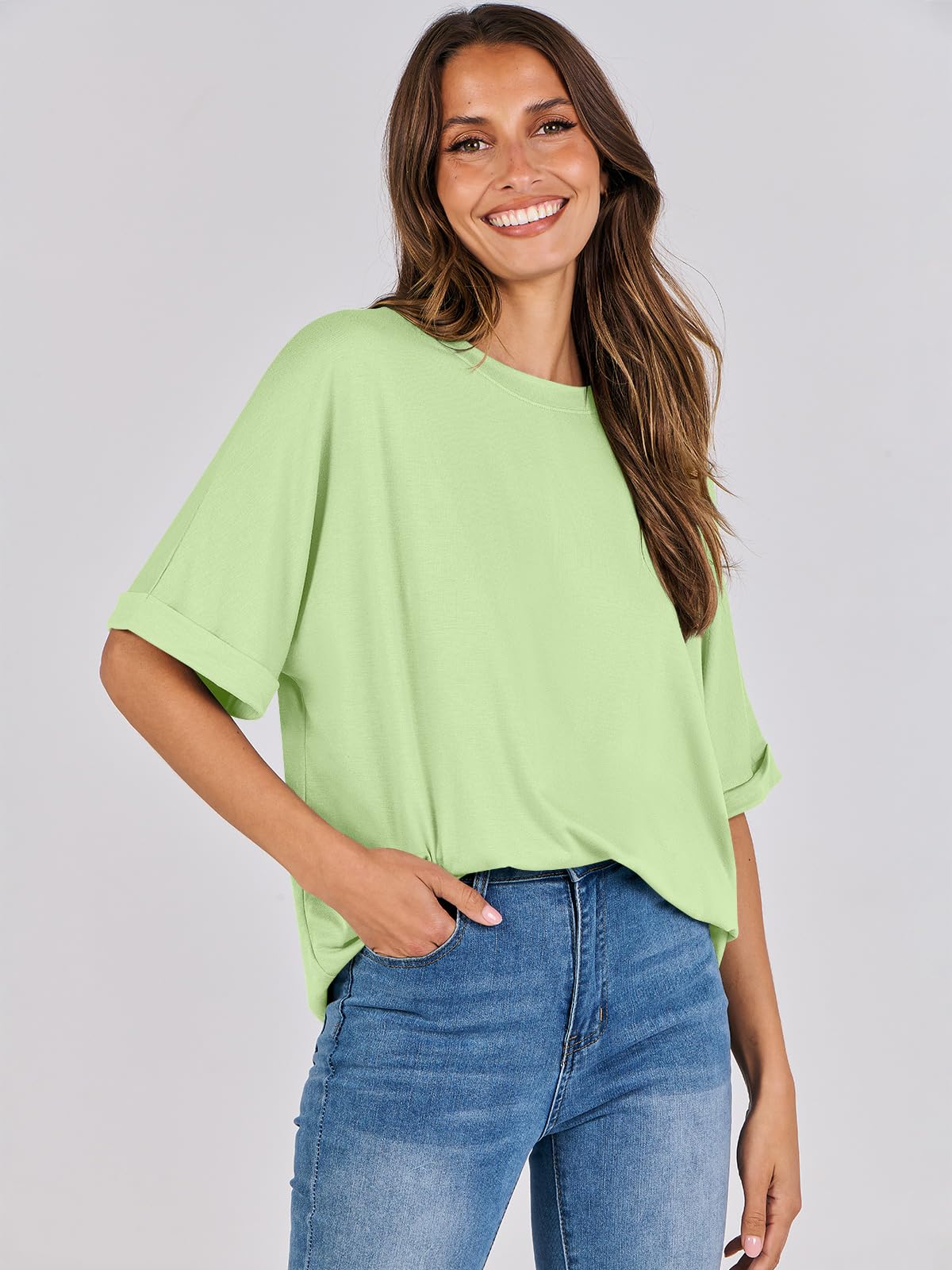 ANRABESS Women's Oversized T Shirts Short Sleeve Crewneck Summer Tops Casual Loose Basic Tee Shirts 2024 Trendy Clothes Light Green Small