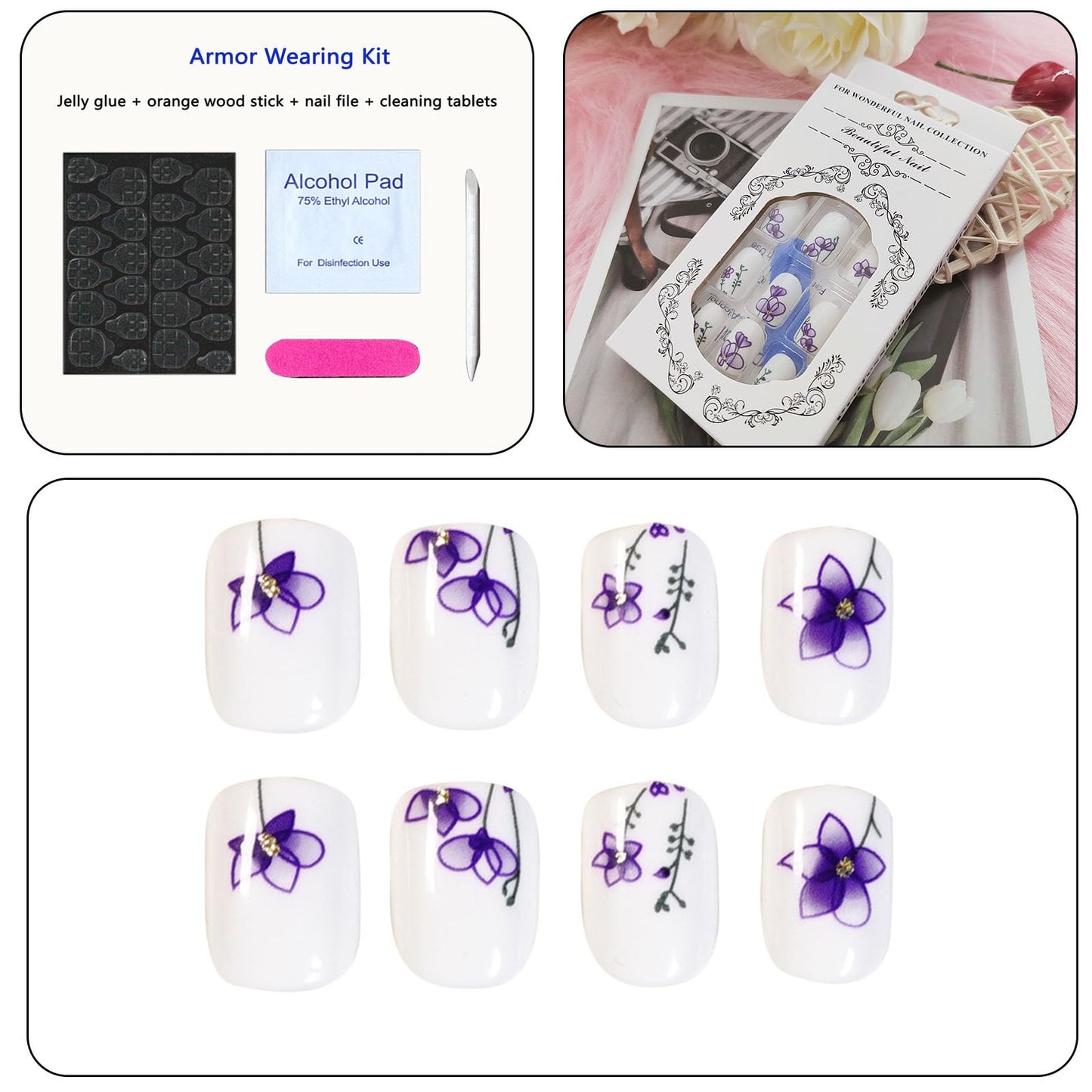 Square Press on Nails Short Cute White Nails Acrylic False Nails with Purple Flower Designs Artificial Fake Nails Reusable Glue on Nails for Women and Girls