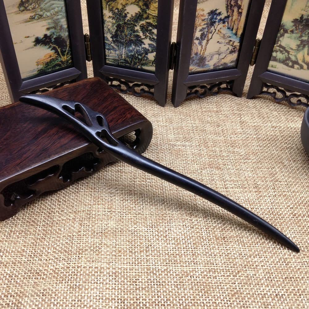 Liasun Classical Handmade Carved Hair Sticks-Natural Black Sandalwood(ebony) Hair Styling Pins Chopsticks for Hair Updo Making Accessory-7 Inches Long (Crane Feathers)