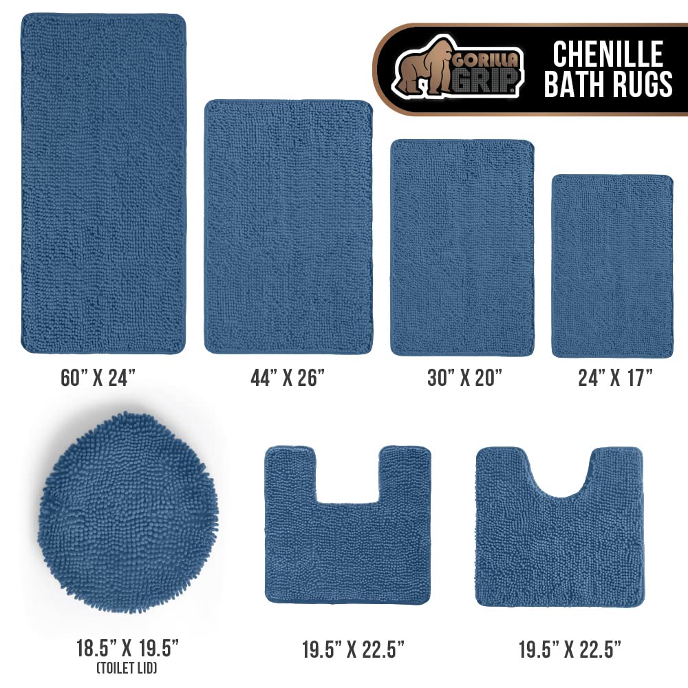 Gorilla Grip Plush Absorbent Shaggy Chenille Bath Rug Mat for Toilet Base with Rubber Backing, Machine Washable, Microfiber Bathroom Contour Mats for Toilets, Bath Room Decor, Square, 22.5x19.5, Blue