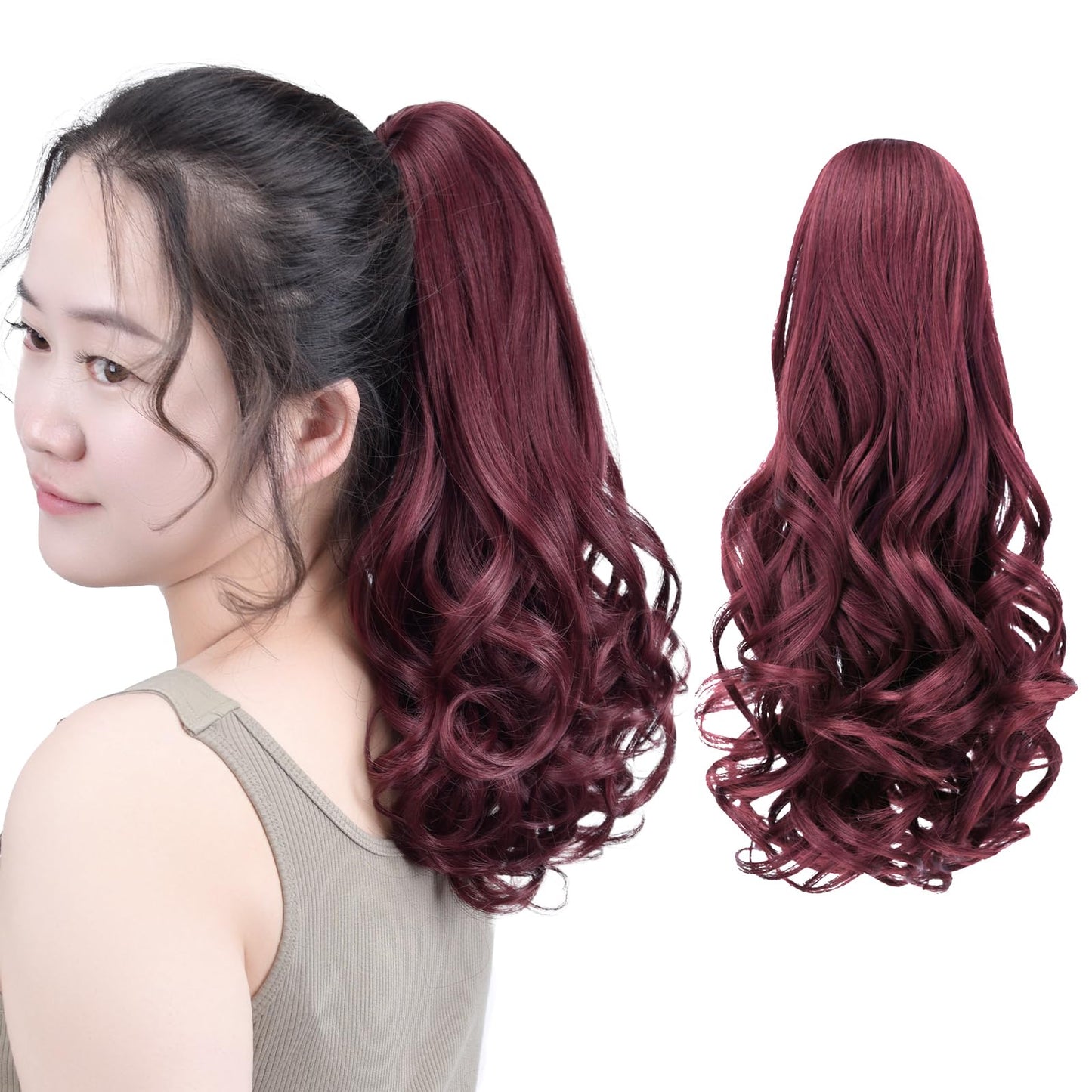 SYXLCYGG Burgundy Ponytail Extension Clip Claw Pony tail 16" Wavy 4.5 OZ Synthetic Like Real Fake Hair piece Women Fluffy&Soft