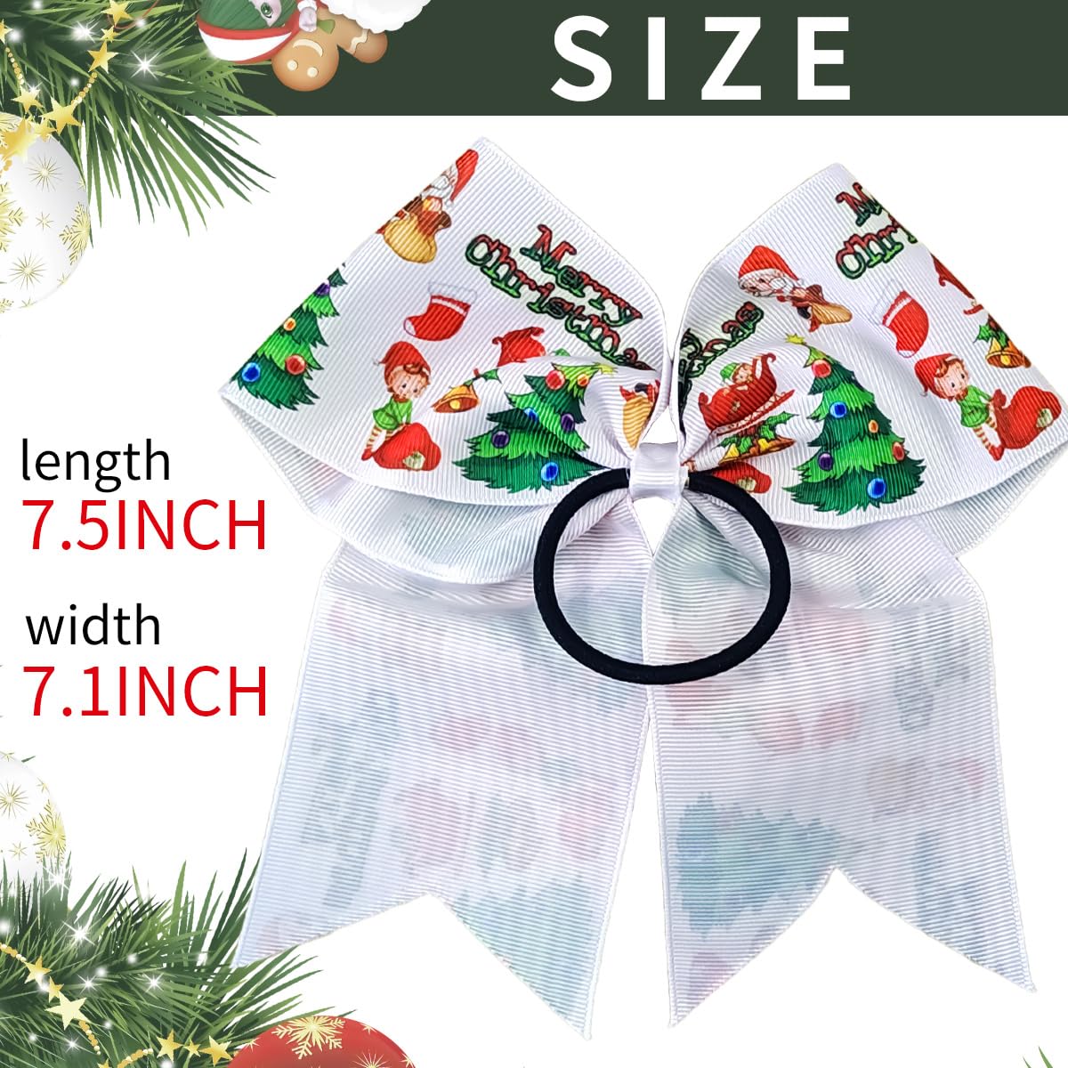 Christmas Cheer Hair Bows Hair Ties 7 Inch Large Santa Claus Christmas Tree Ribbon Bowknot Christmas Ponytail Holder Hair Ties Elastic Bands Cheerleader Decor Accessories for Women Xmas Party Gift