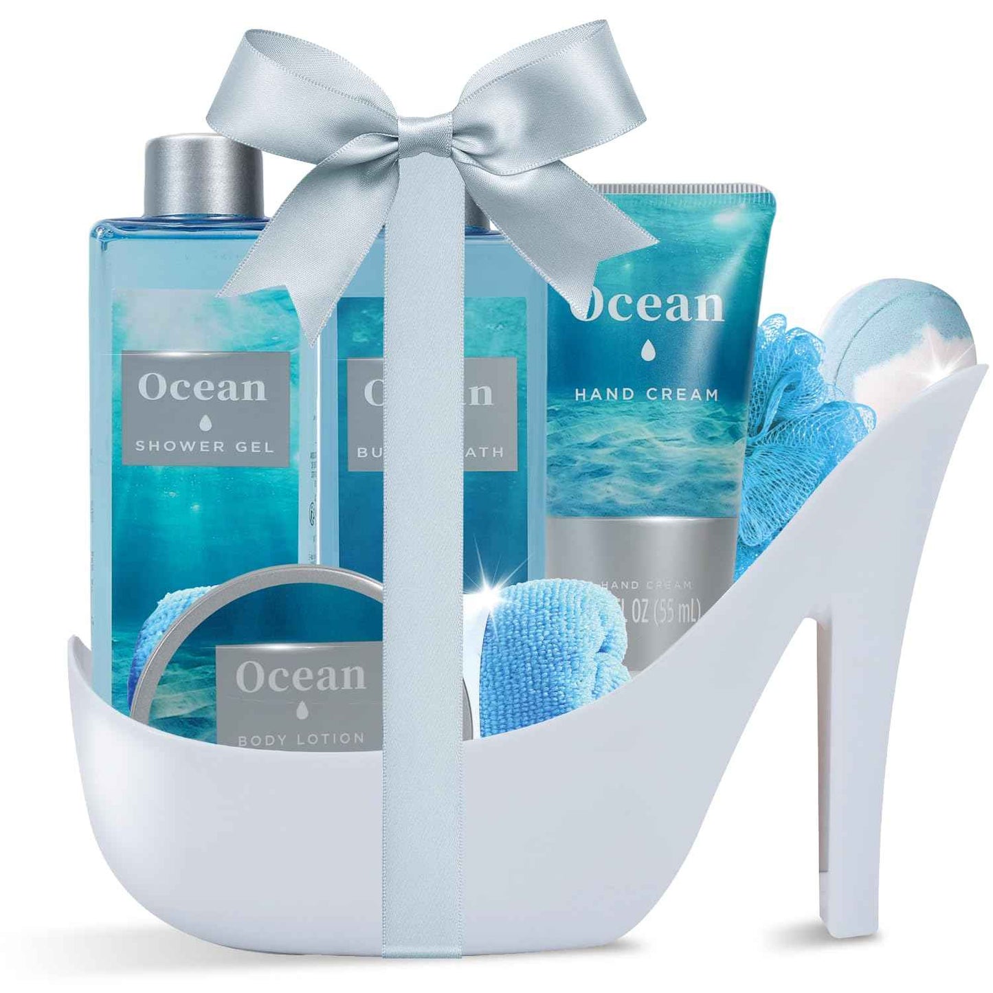 Ocean Bliss Christmas Gifts for Women Spa Basket, High Heel Bath Set with Sea Salt Scrub & Refreshing Gel, Birthday, Anniversary Gifts for Her, Best Friend, Sister