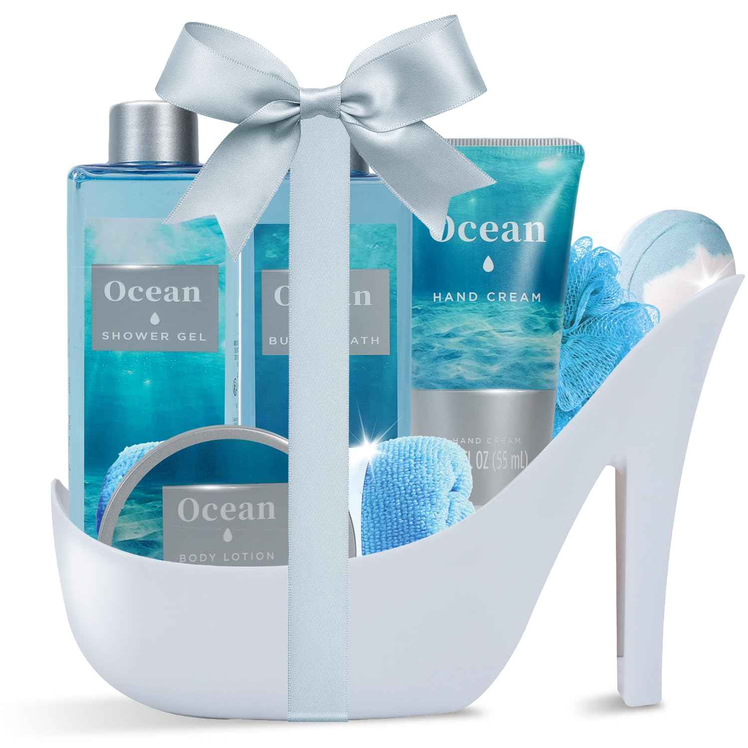 Ocean Bliss Christmas Gifts for Women Spa Basket, High Heel Bath Set with Sea Salt Scrub & Refreshing Gel, Birthday, Anniversary Gifts for Her, Best Friend, Sister