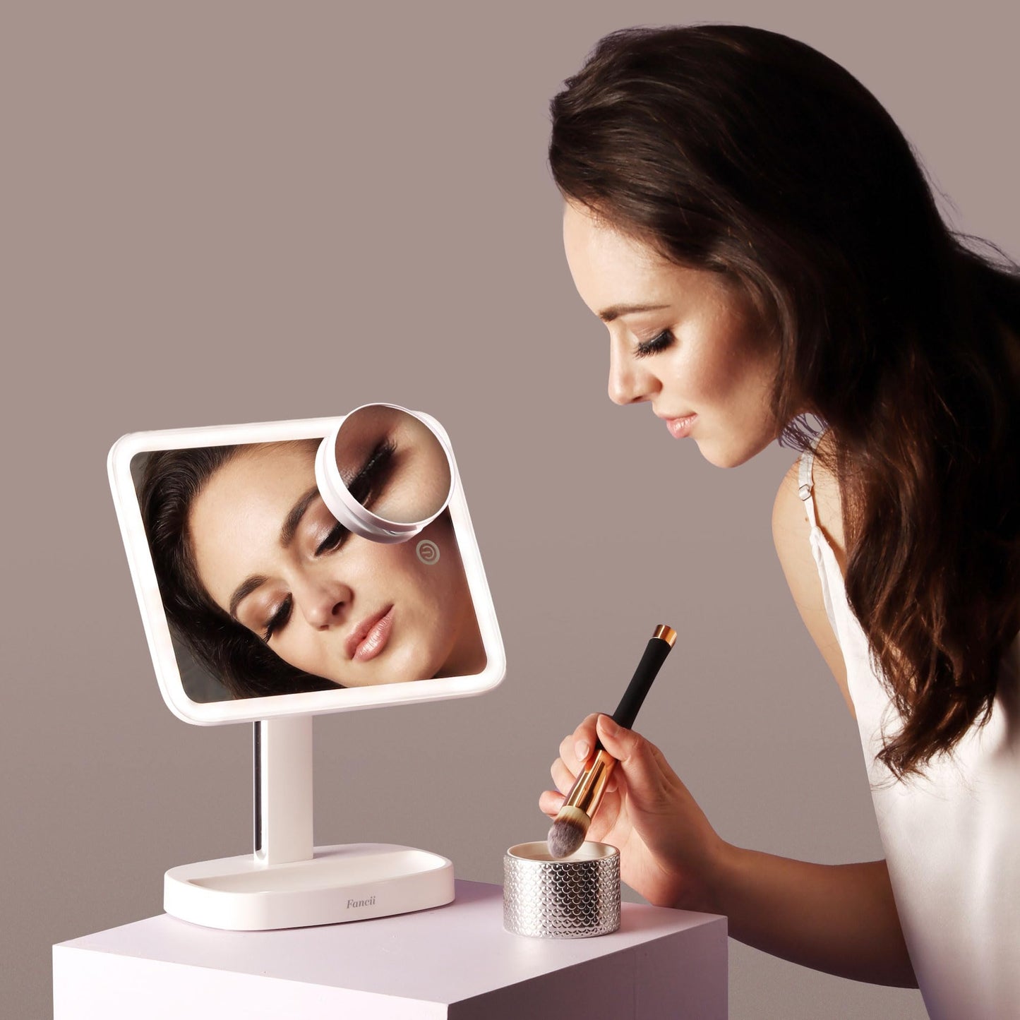 Fancii LED Makeup Vanity Mirror with 3 Light Setting and 15x Magnifying Mirror - Choose Between Soft Warm, Natural Daylight, or Neutral White Lights - Dimmable Countertop Cosmetic Mirror - Aura