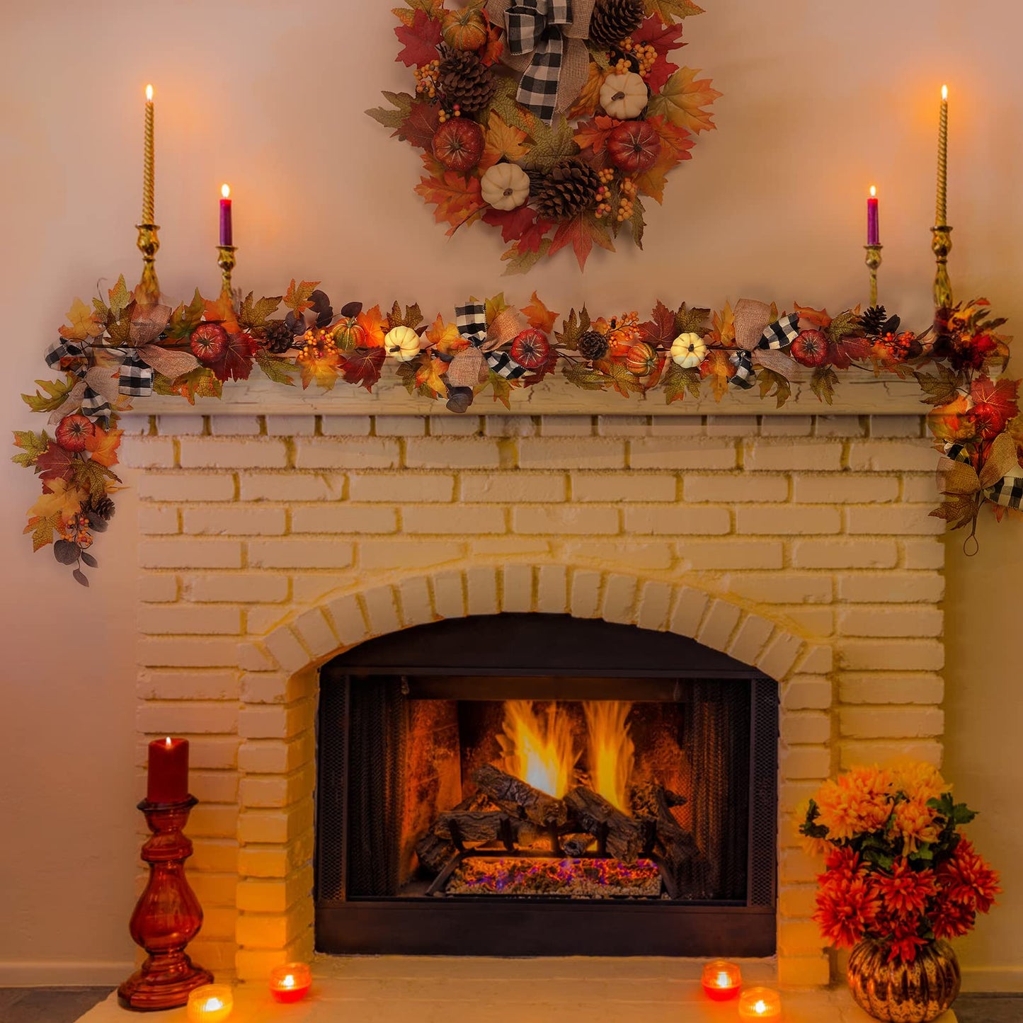 Adeeing 6 Ft Thanksgiving Fall Garland Decor, Artificial Autumn Garlands with Pumpkins, Maple Leaves, Ribbon and Pine Cone for Indoor Outdoor Fireplace Window Home Decoration