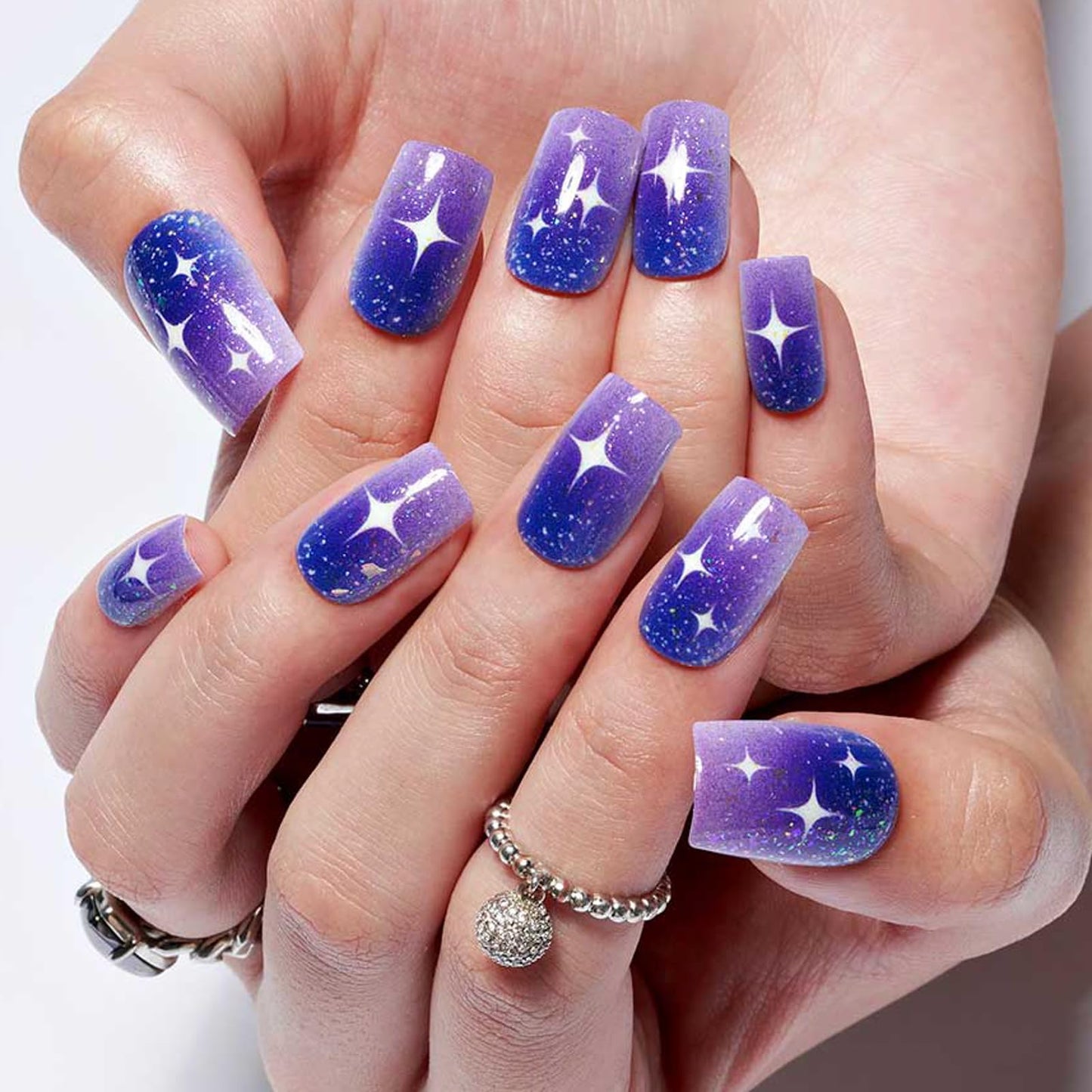 GLAMERMAID Glitter Press on Nails Medium Square, Blue Purple Ombre Jelly Soft Gel Fake Nails Short Square, Flash Star Galaxy Glue on Nails Glitter, Shrimmer Gloss Stick on False Nails Kit for Women