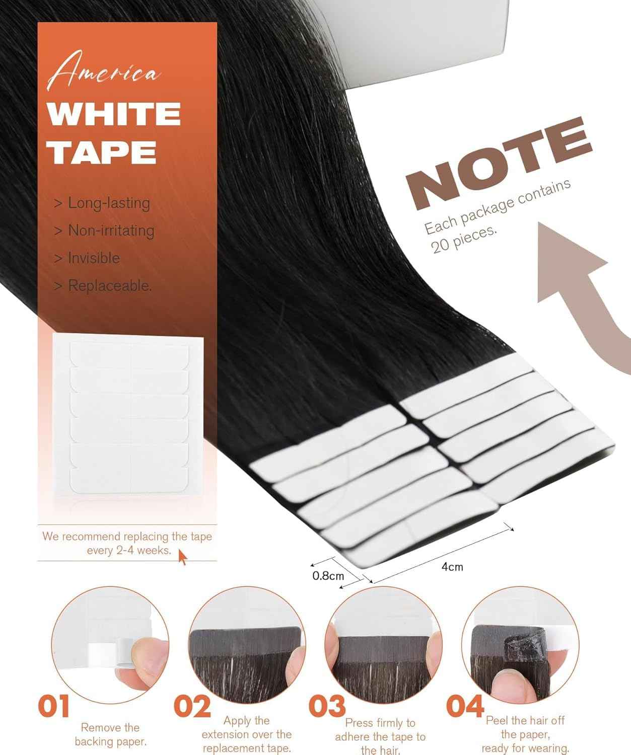 Sunny Hair Tape in Hair Extensions Human Hair 22inch Hair Extensions Real Human Hair Tape in Extensions for Women Jet Black Invisible Remy Hair Natural Straight Skin Weft Double Sided Tapes 20Pcs 50g