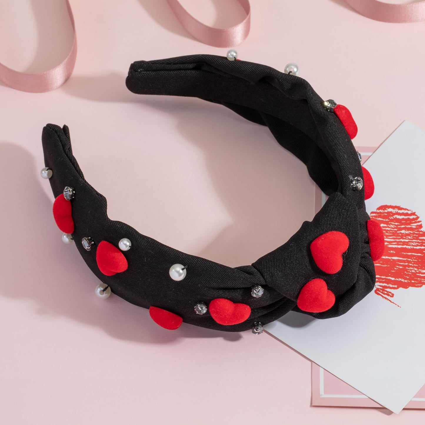 Valentine's Day Rhinestone headband for women Red Heart Love Charm Embellished Top Black Hairband Twist Wide Hair Band (Valentine -black)