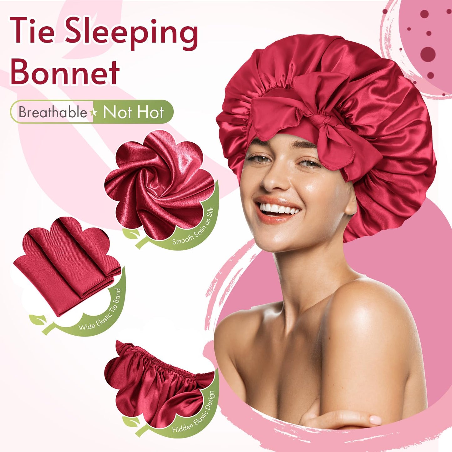 BONNET QUEEN Silk Bonnet for Sleeping Women Satin Bonnet Hair Bonnet night sleep cap scarf wrap for curly hair with tie band dark red