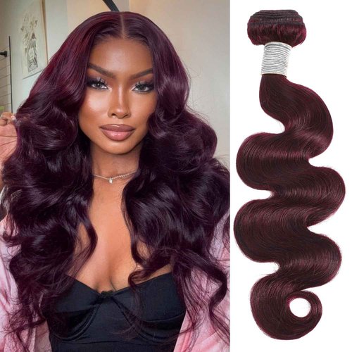 ALHER 99j Color Human Hair Bundles Body Wave, 12A Dark Burgundy Wine Red Colored Bundles Human Hair, 100% Unprocessed Virgin Remy Hair Soft Thick Single Wavy Bundle Sew In Double Weft 16 Inch