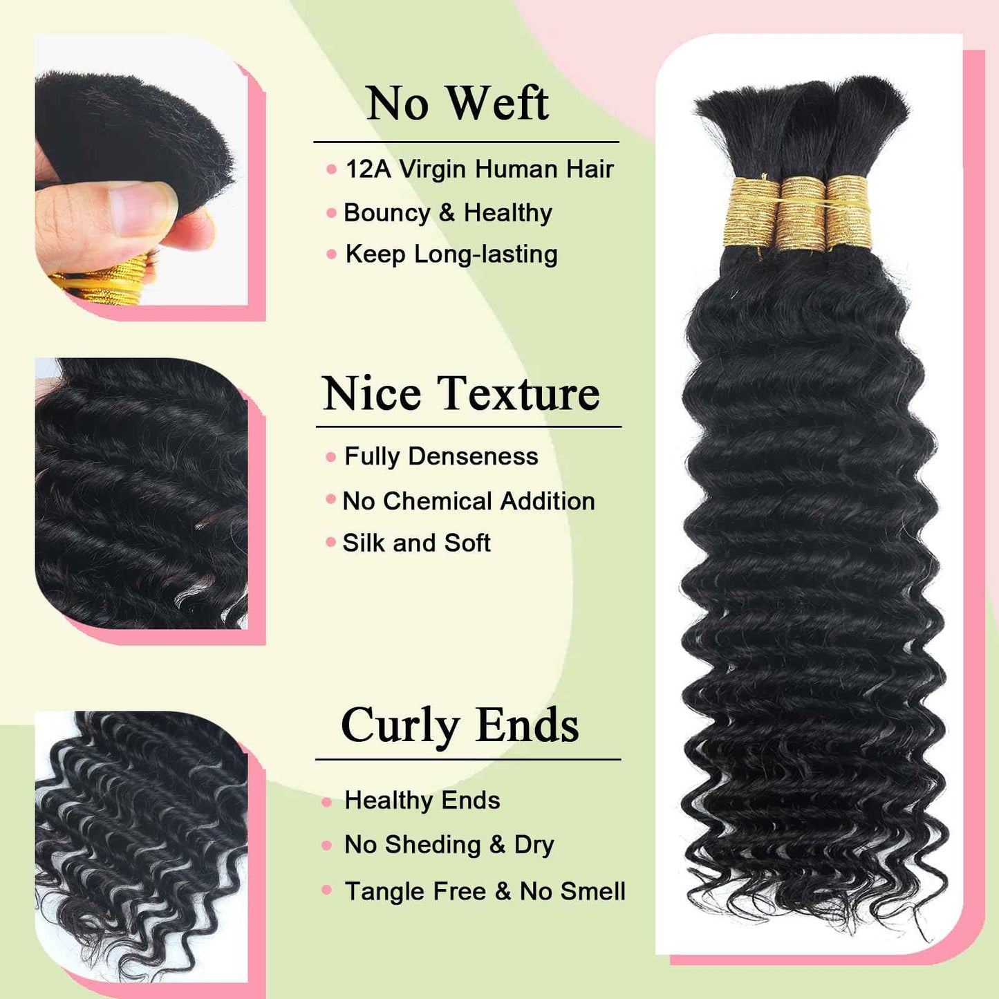 Boho Braids Human Hair for Braiding 110g 20 Inch 12A Deep Water Wave Bulk Human Braiding Hair for Boho Braids Knotless Wet and Wavy Virgin Extensions Bohemian No Weft Curly 3 Bundles Natural Black