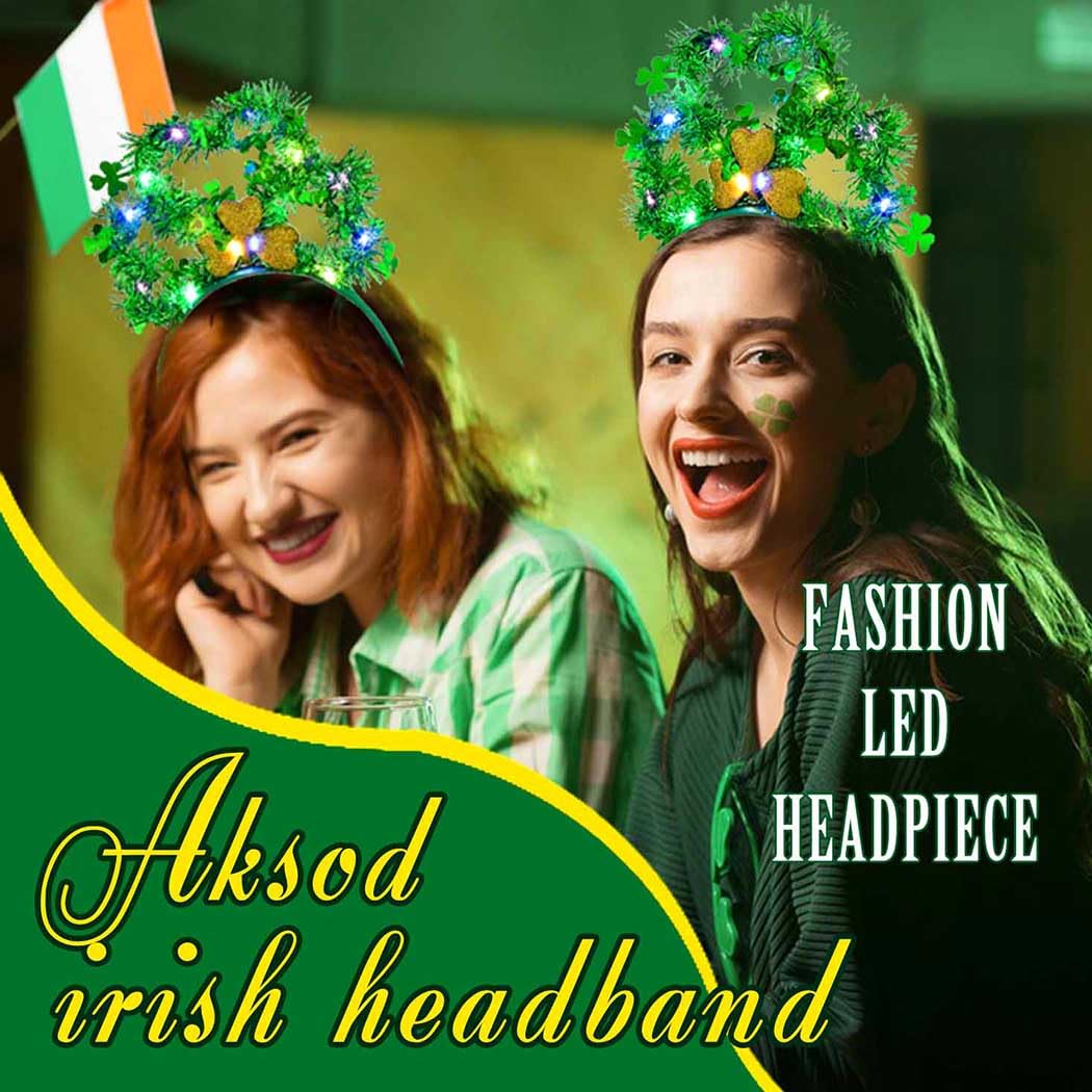 Aksod Light Up St Patricks Day Headband Green Shamrock Headpiece Glitter Lucky Clover Hair Accessories for Women (Style C)