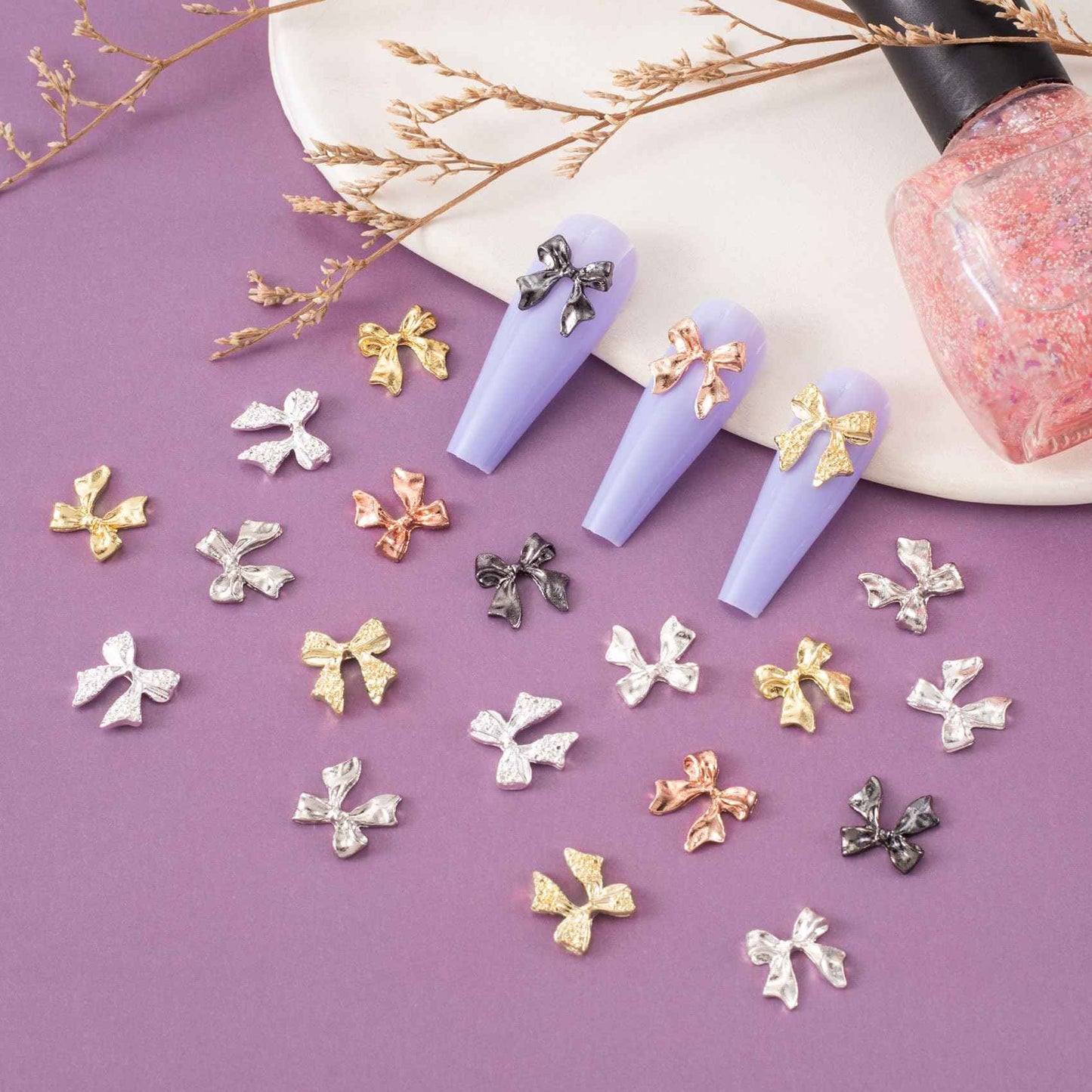 HINZIC 70Pcs 3D Bow Nail Charm Gold Silver Black Cute Bowknot Nail Art Bows Alloy Glitter Acrylic Rhinestones Gems Valentine Wedding Prom Jewelry Decoration for Women Manicure Cards Making