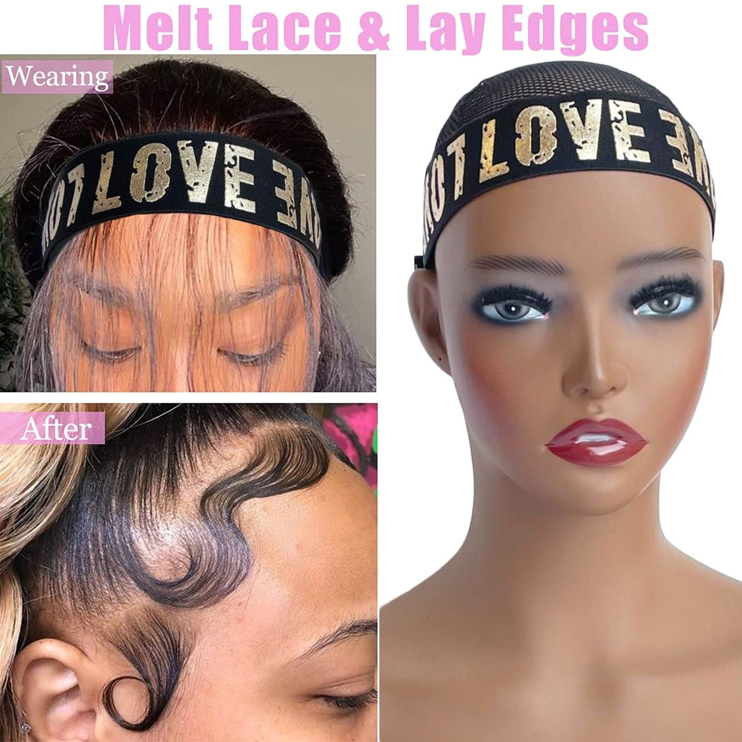 Elastic Wig Band with Adjustable Magic Buckle for Laying Edges and Lace Frontals - Melting Edge Wrap with Grip for Wigs Accessories (2PCS, GoldLove)