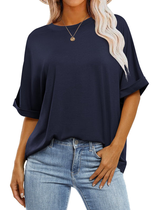 ANRABESS Women's Oversized T Shirts Short Sleeve Crewneck Summer Tops Casual Loose Basic Tee Shirts 2024 Trendy Clothes Navy Blue Large