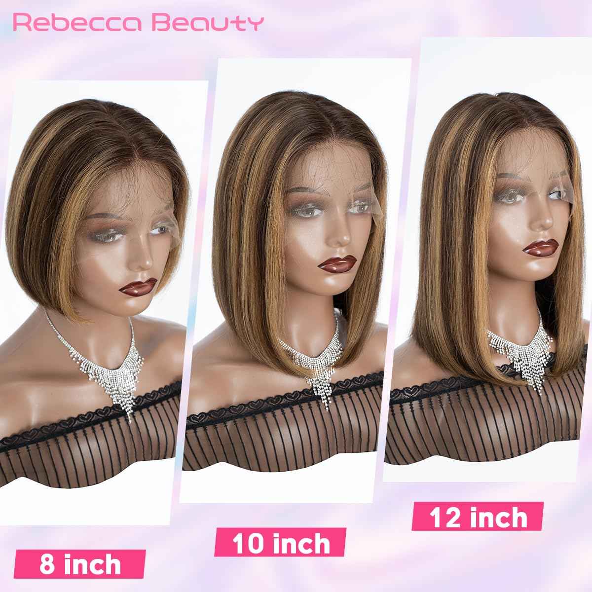 Rebecca Beauty Highlight Ombre Bob Lace Front Wigs Human Hair Upgraded 4x4 Closure Bob Wig 12 Inch Pre Plucked Short Straight Bob Wig for Black Women (Color TTPI4/27)